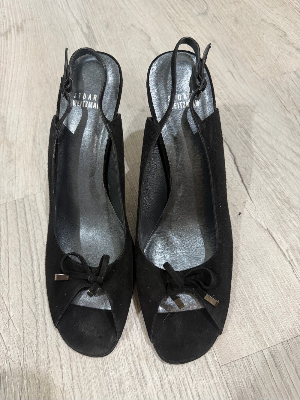 Stuart Weitzman Black Suede Peep-Toe Slingback Heels with Bow